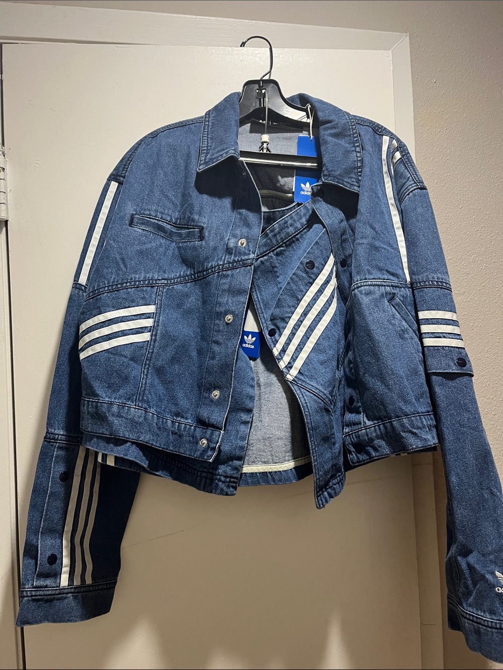 adidas Blue Denim Jacket with skirt with White Stripe Accents